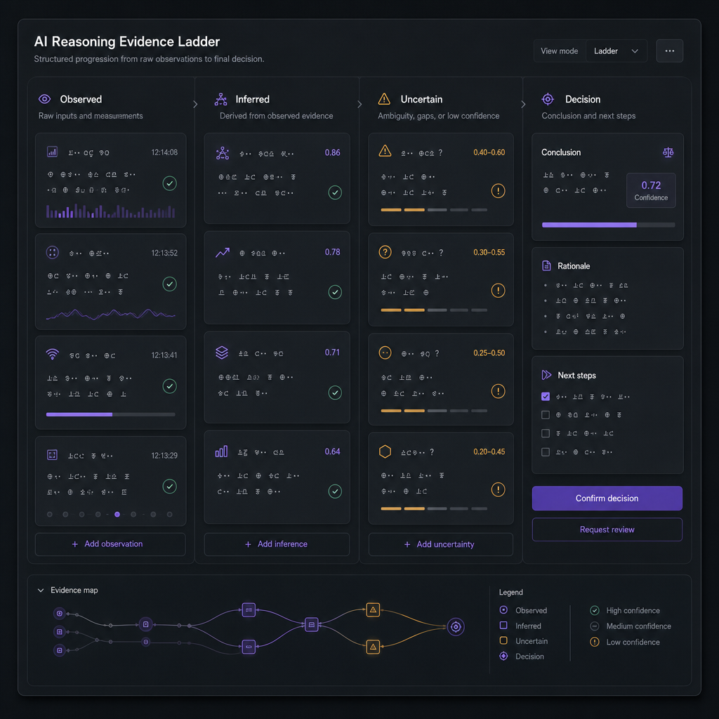 Evidence ladder UI showing Observed, Inferred, Uncertain, Decision