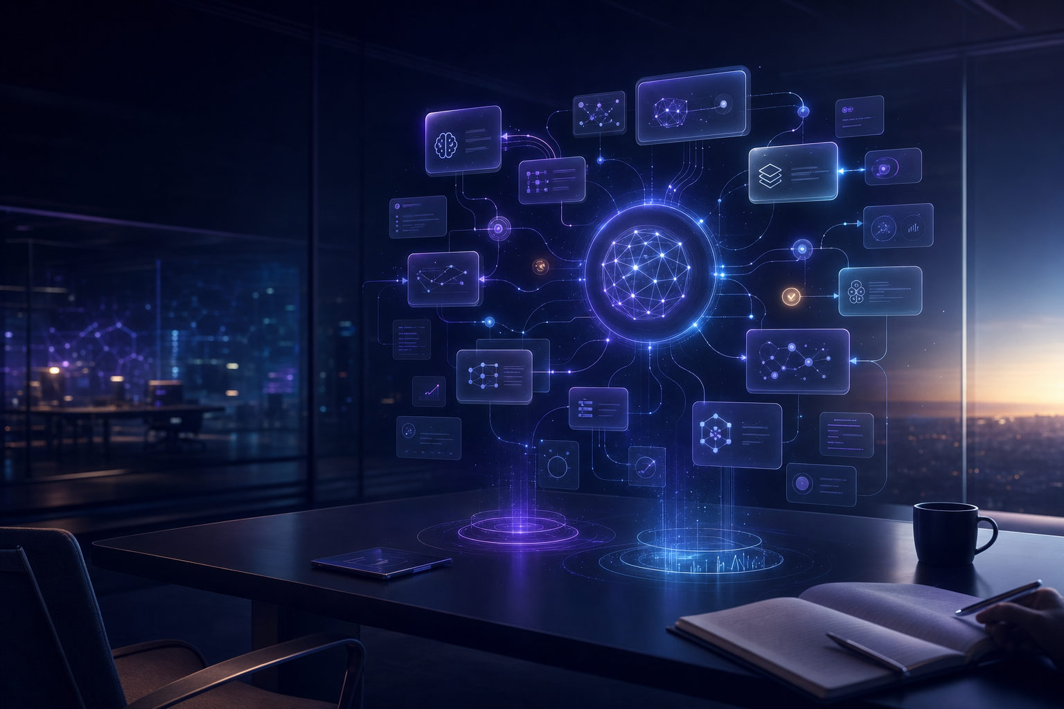 Luminous agentic systems lab with memory, tools, evidence, and feedback loops