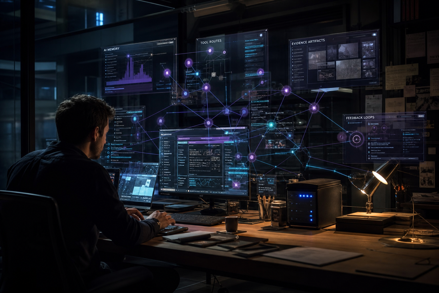 Cinematic workstation with luminous agent-system mesh overlay